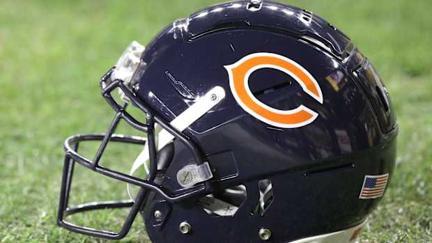 A Chicago Bears helmet on the field.